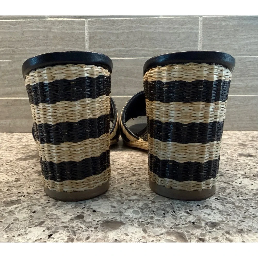 Kate Spade NY Linda Wedge Sandals Black Cream Striped Raffia & Leather Size 6.5M